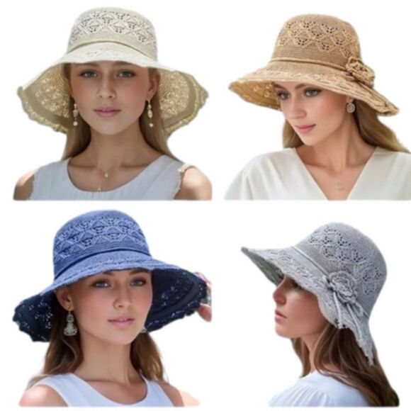 Foldable Wide Brim Packable Straw Sun Hat OS Gray NWT - Picture 2 of 6